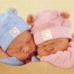 Babies in blue and pink matching outfits